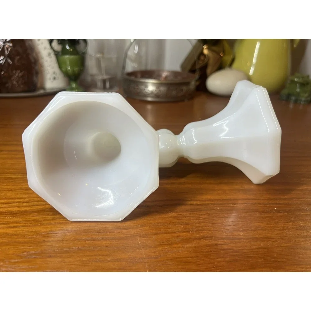 Vintage Anchor Hocking milk glass octagon fluted taper candle holder, set of 2